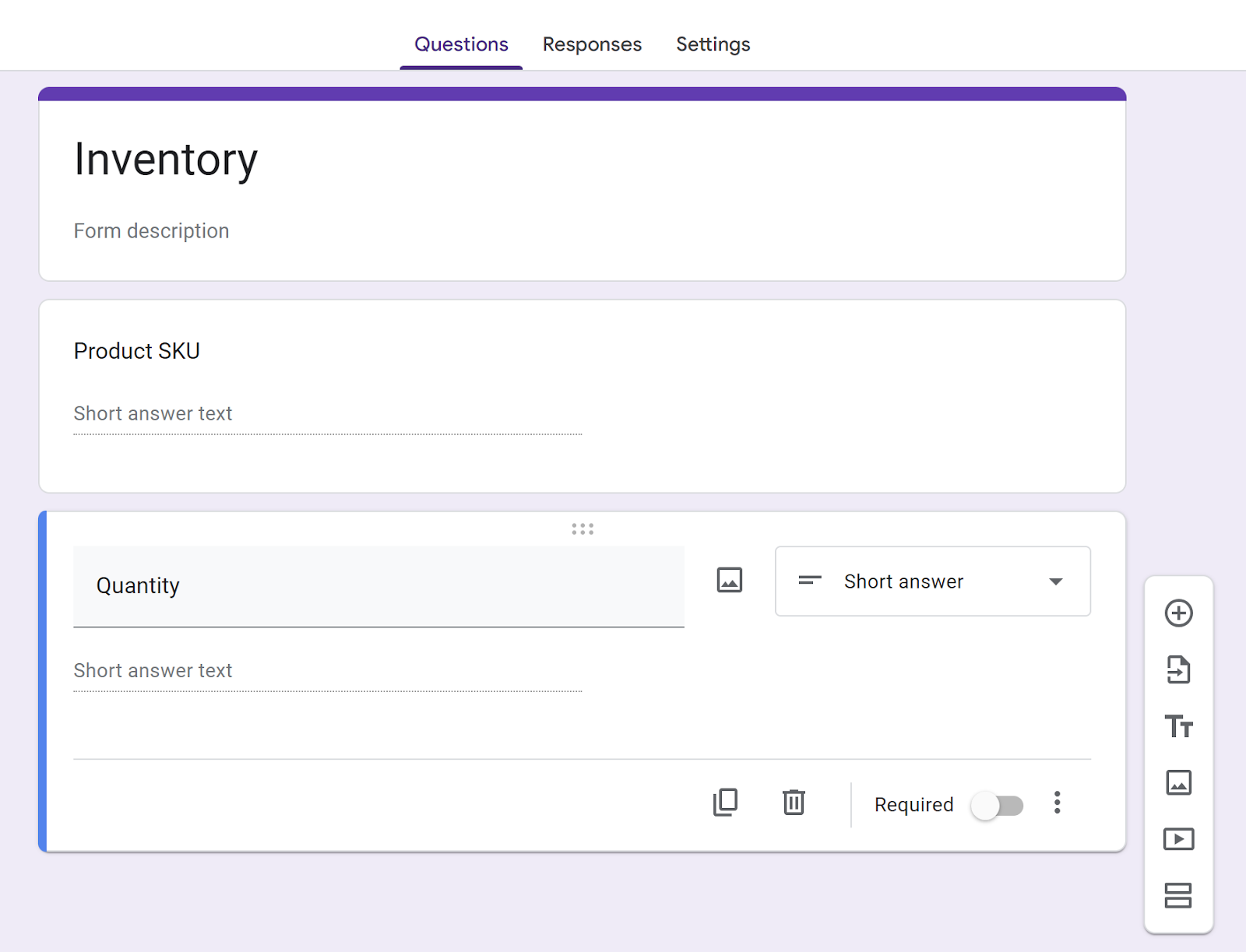 Screenshot of inventory form on Google Forms with product SKU and quantity questions