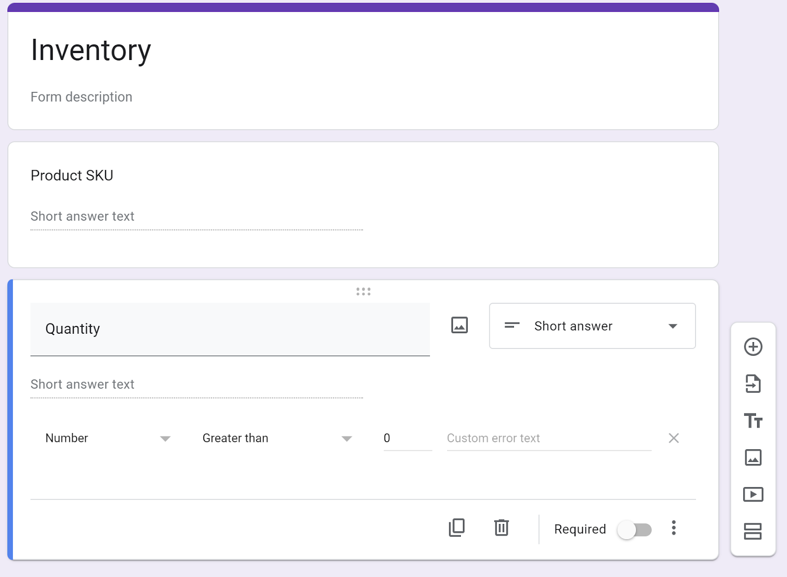 Screenshot of quantity question response validation settings on Google Forms