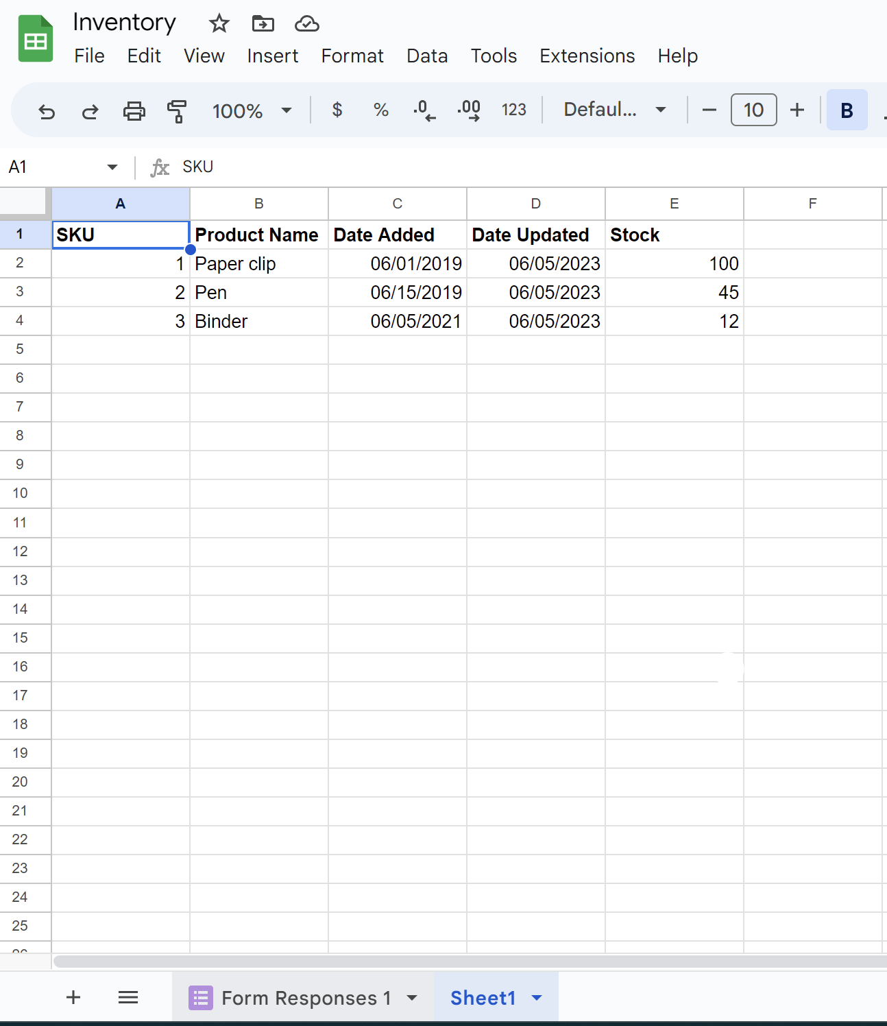 Screenshot of New form response tab on inventory Google Sheet