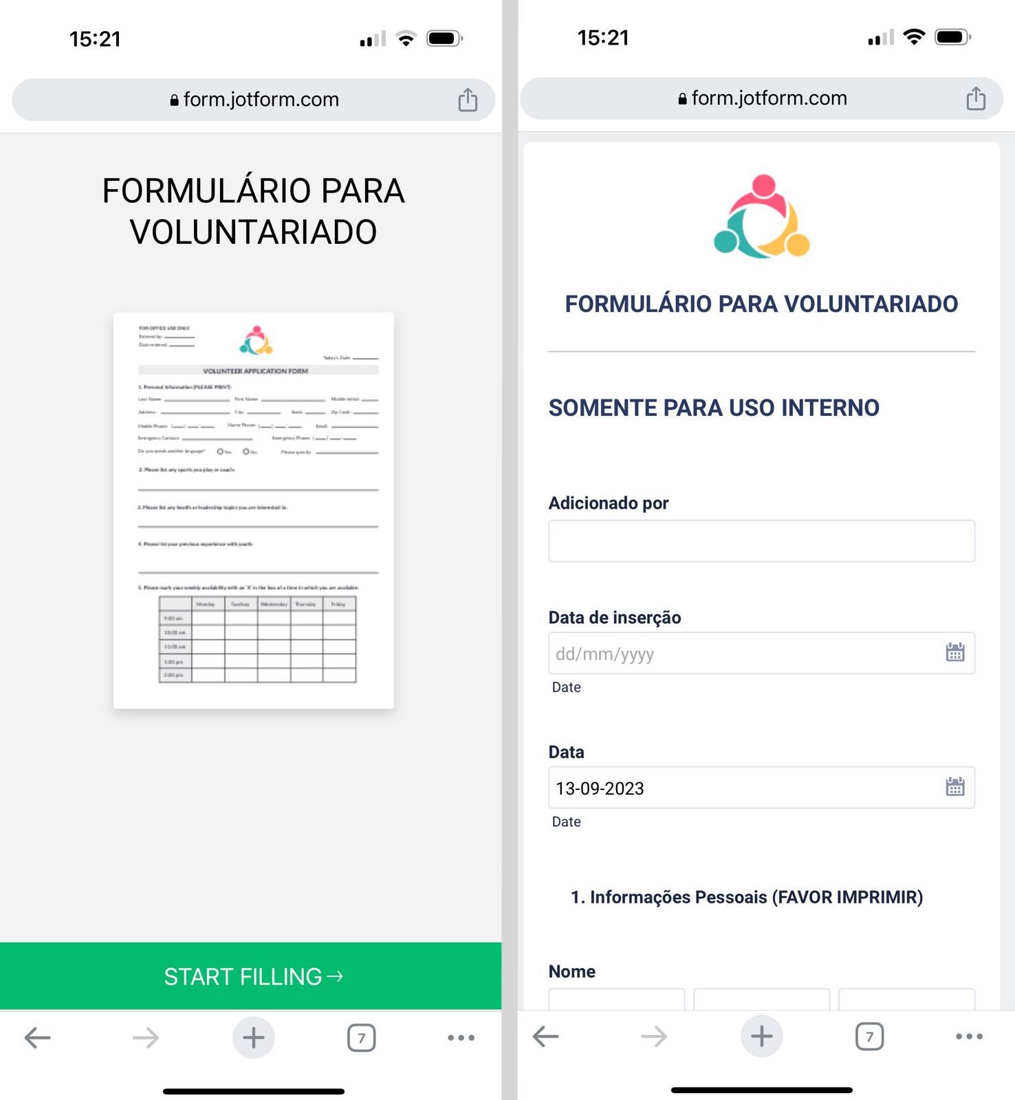 Formulários PDF Inteligentes Jotform e Aplicativo Jotform Formulários Móveis em visualização móvel