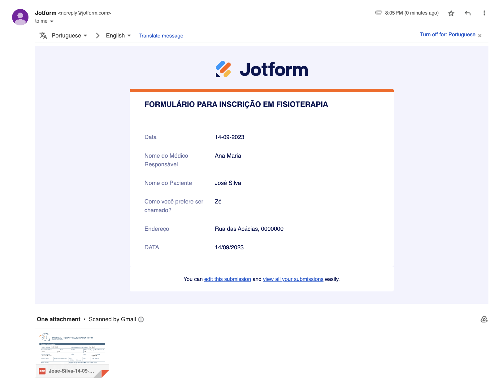 Visualizando respostas de um Formulário PDF Inteligente Jotform por e-mail