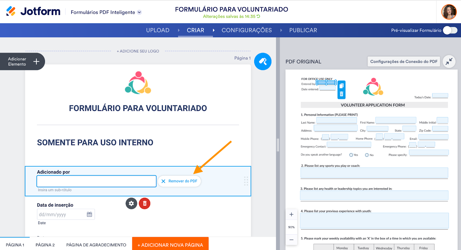 Captura de tela da página do Criador clicando em Remover do PDF