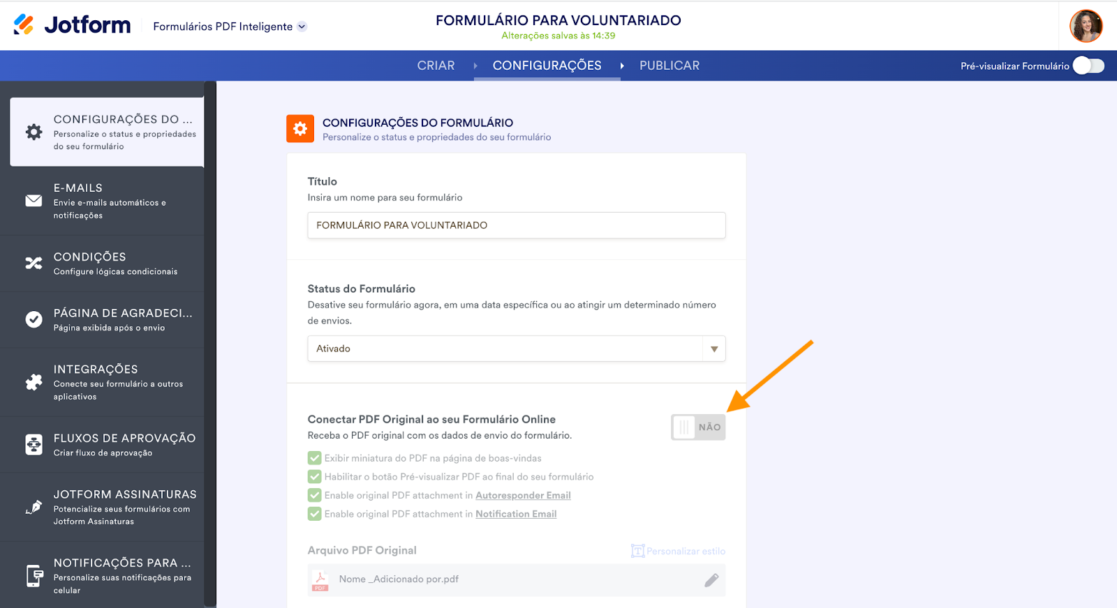 Captura de tela das Configurações do formulário desativando opção para remover conexões