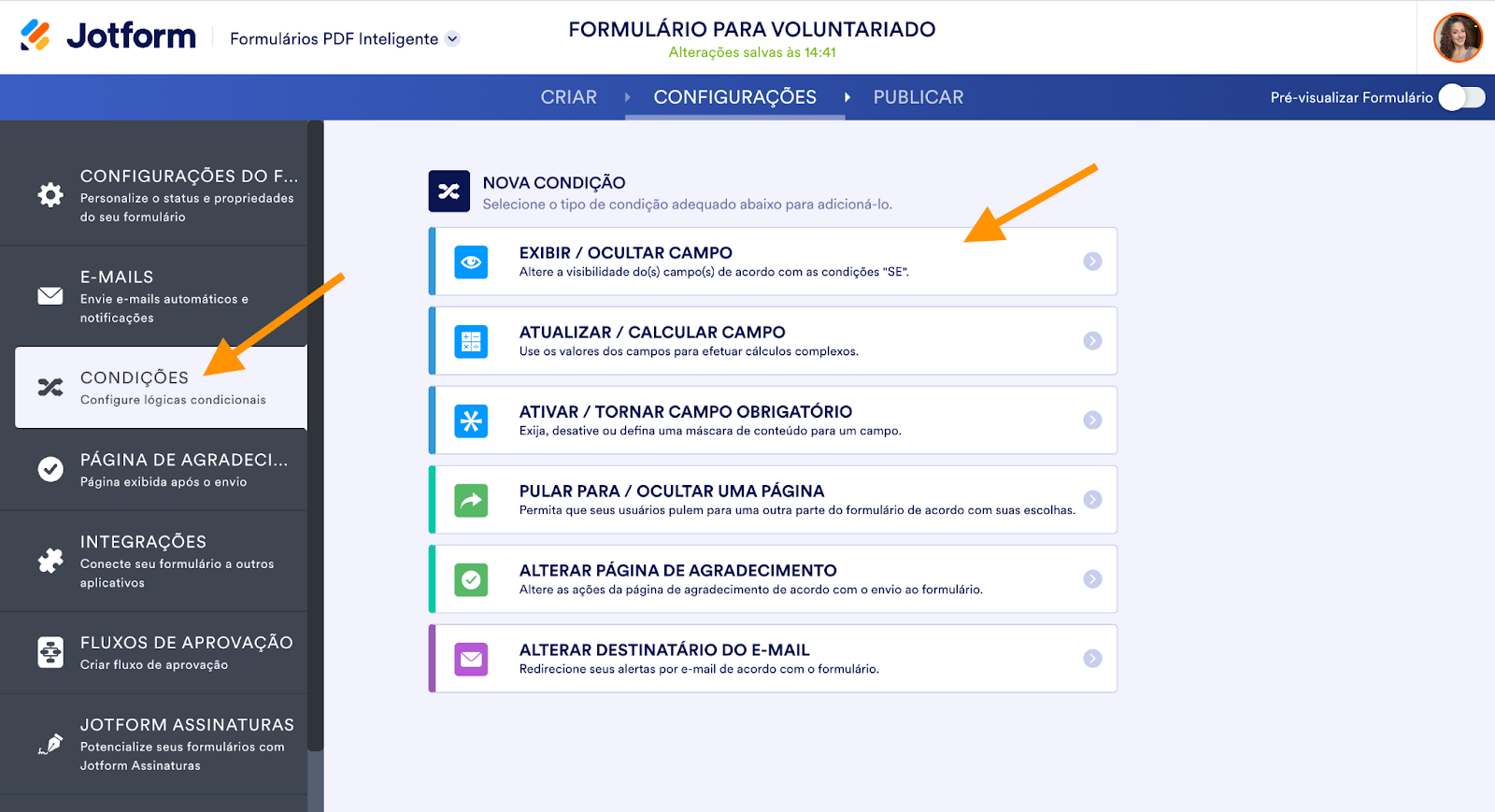 Captura de tela da página de Condições