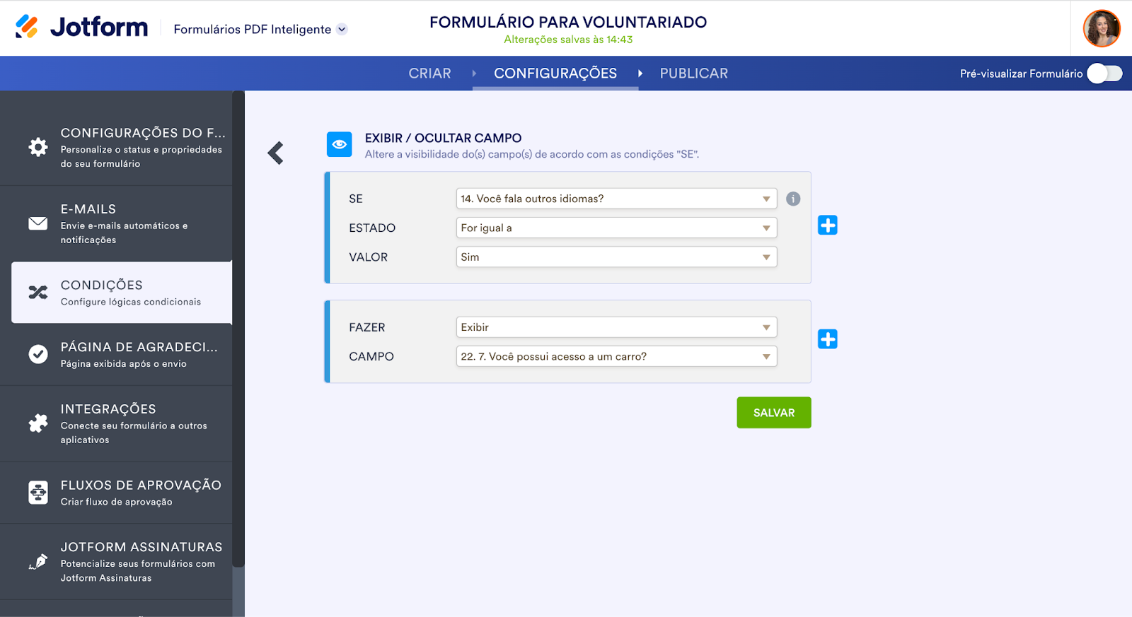 Captura de tela da página de Condições Exibir/Ocultar Campo
