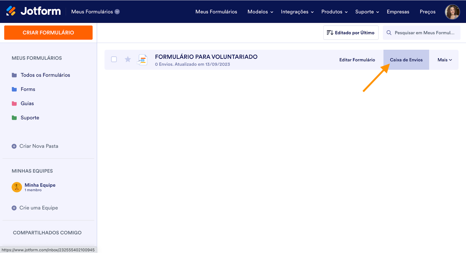 Captura de tela de Meus Formulários clicando na Caixa de Envios