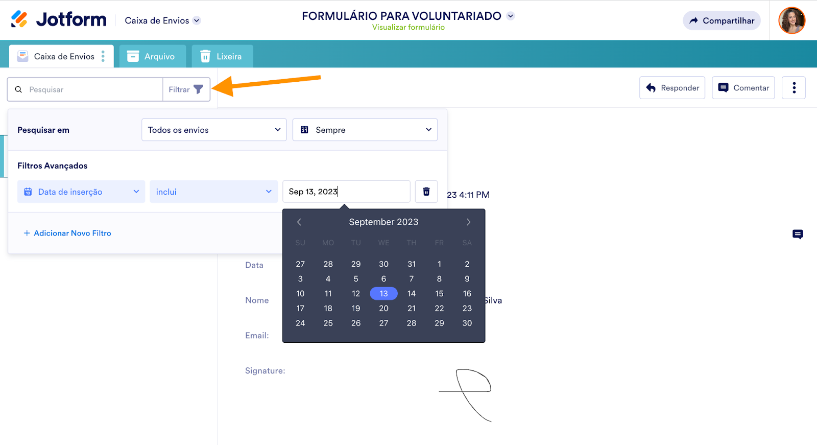 Captura de tela da Caixa de Envios Jotform clicando no botão Filtrar