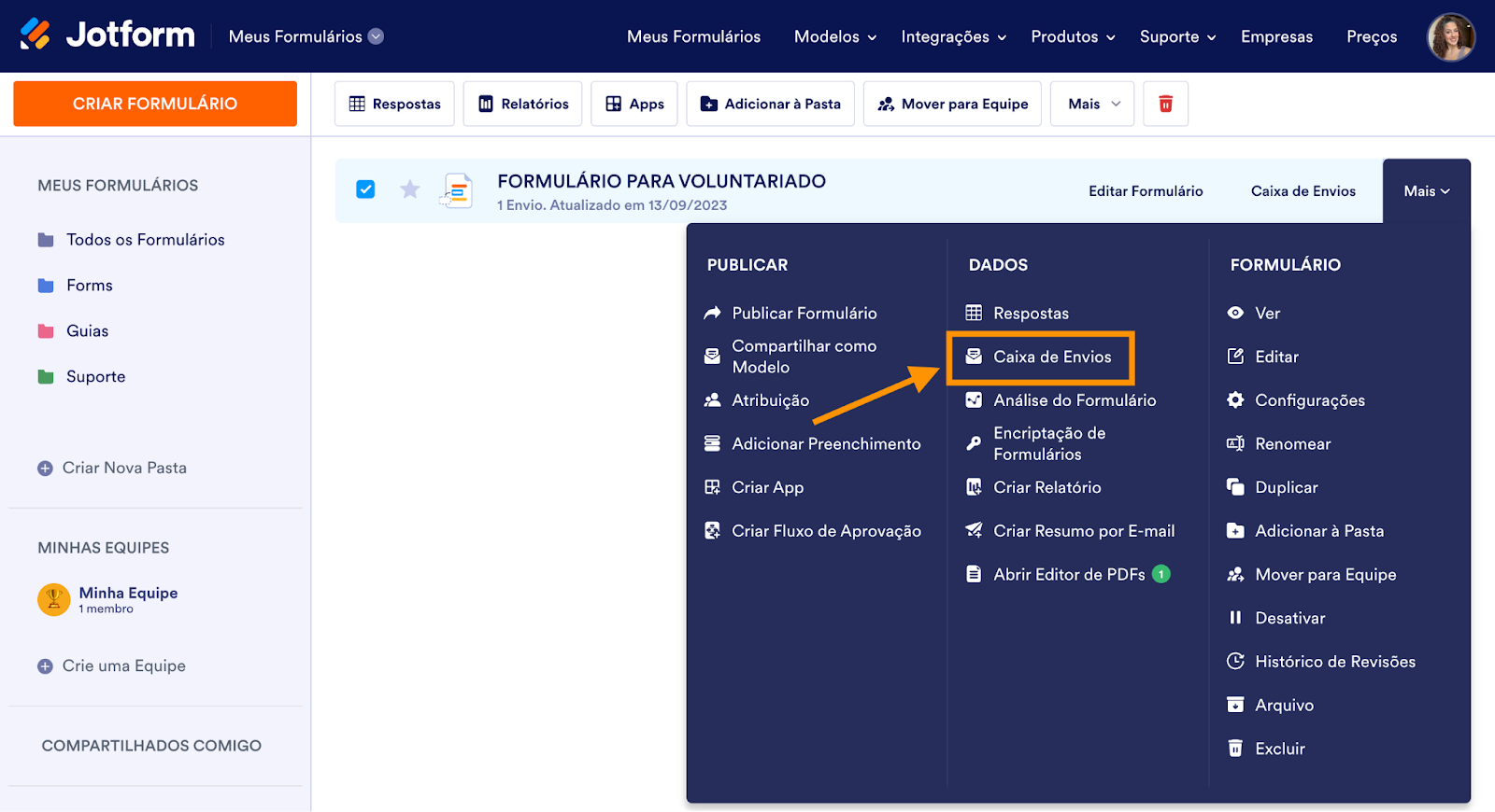 Captura de tela da página Meus Formulários clicando na Caixa de Envios