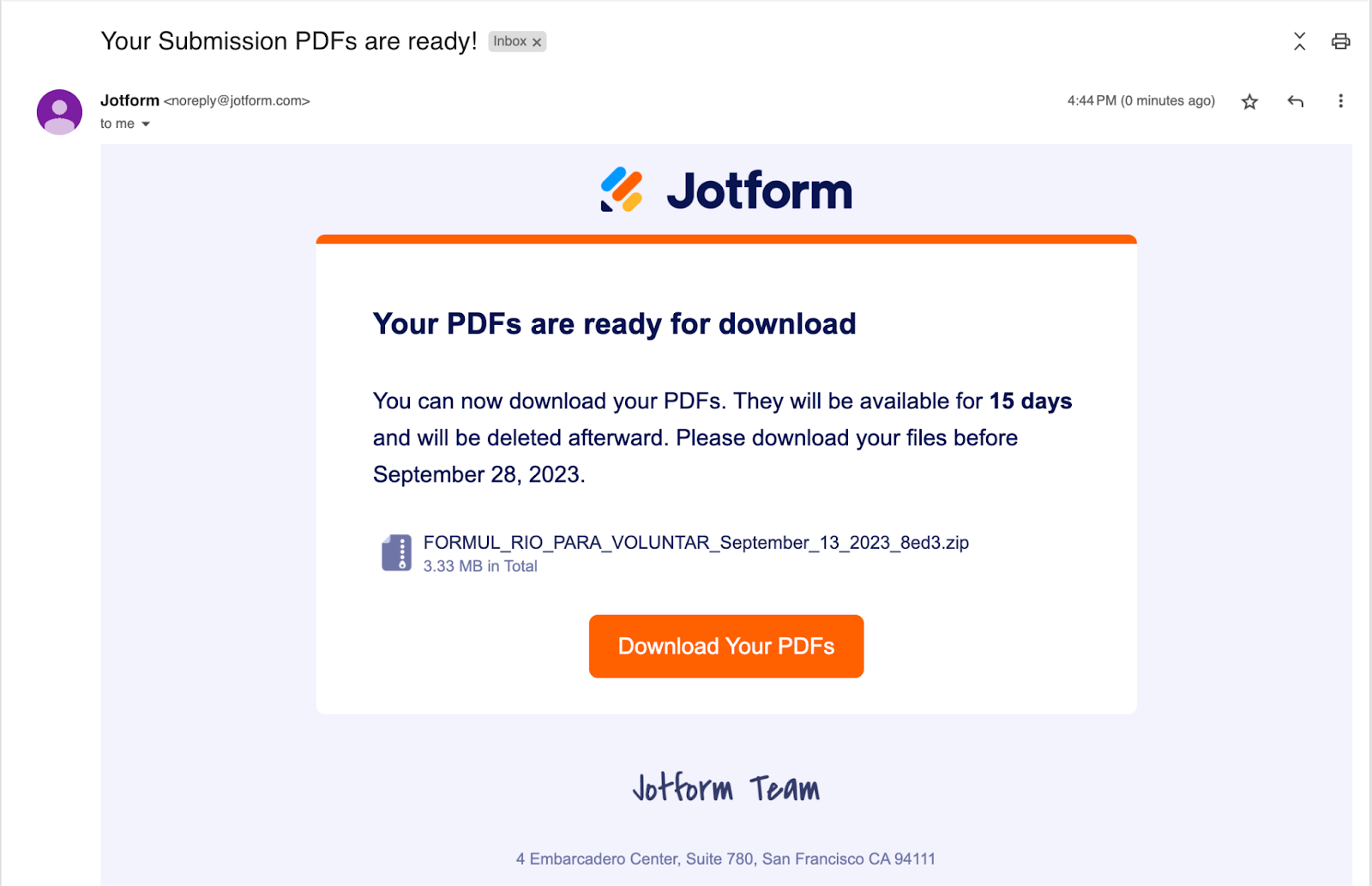 "Seus PDFs estão prontos para download!" Mensagem da Caixa de Envios Jotform enviada por e-mail