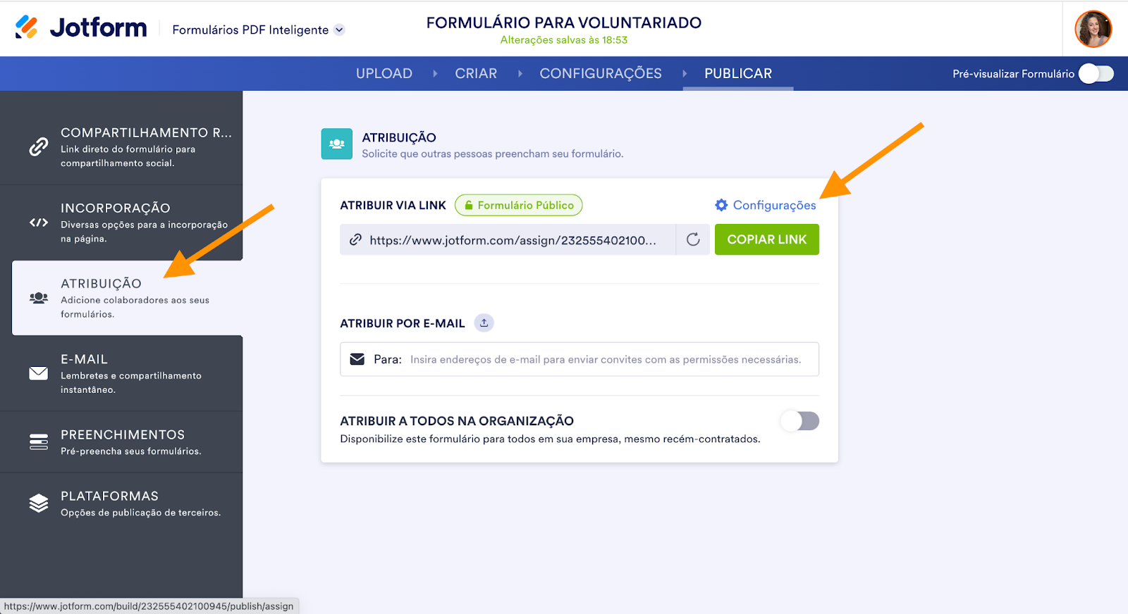 Recurso de Atribuição de Formulário PDF Inteligente Jotform clicando em Configurações