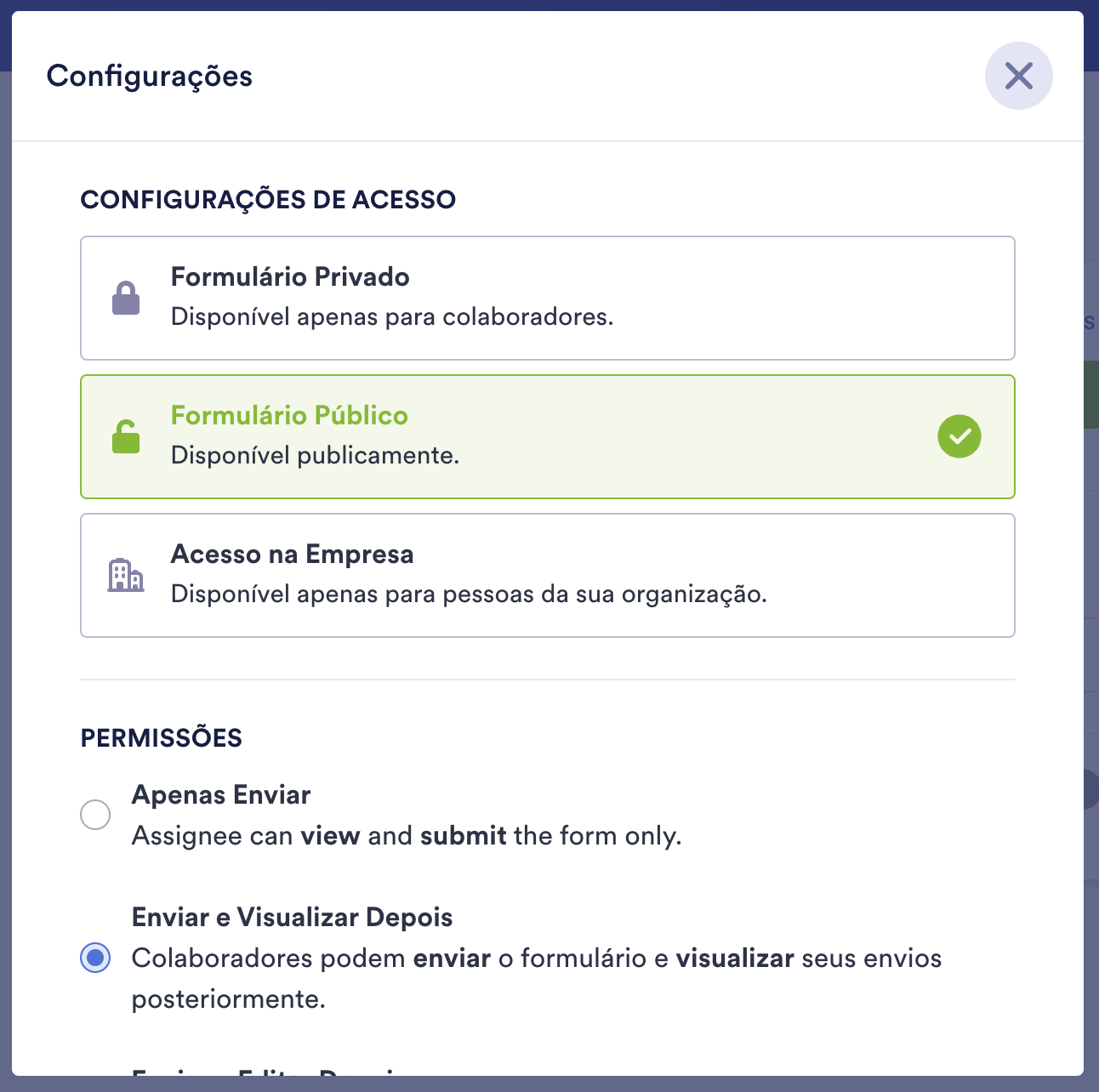 Recurso de Atribuição de Formulário PDF Inteligente Jotform para visualização de Configurações de acesso e permissão