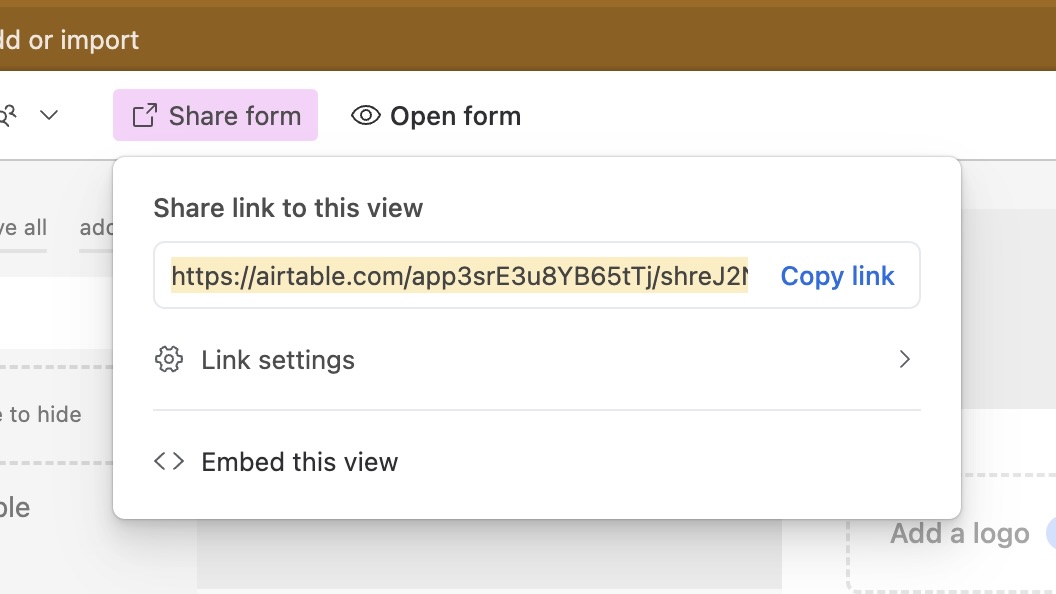 Image depicting the action of copying the URL for an Airtable form and pasting it into a text editor