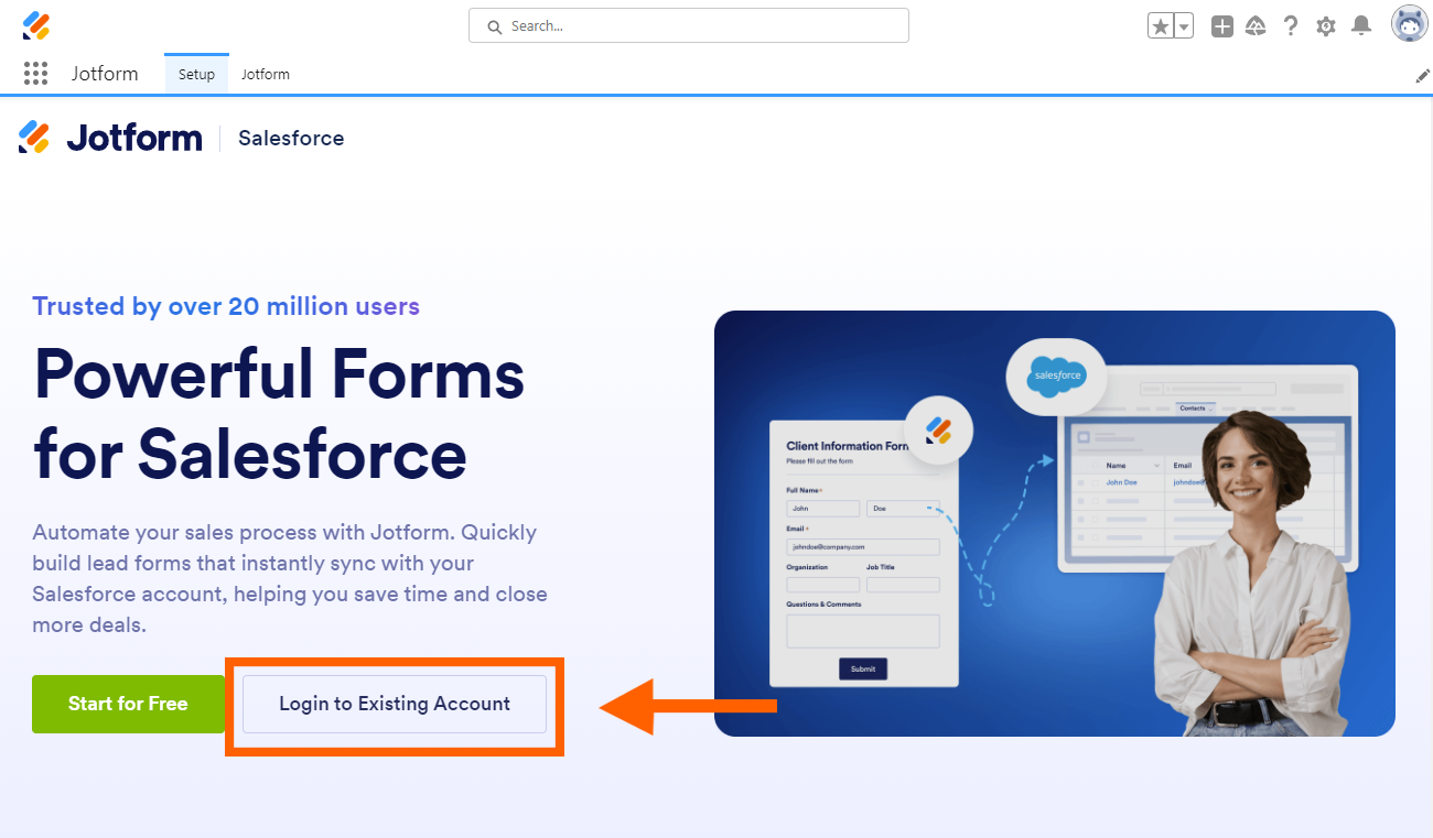 Image showing login prompt to Salesforce, followed by instructions to install Jotform integration, leading to the Setup page with a 'Login to Existing Account' button
