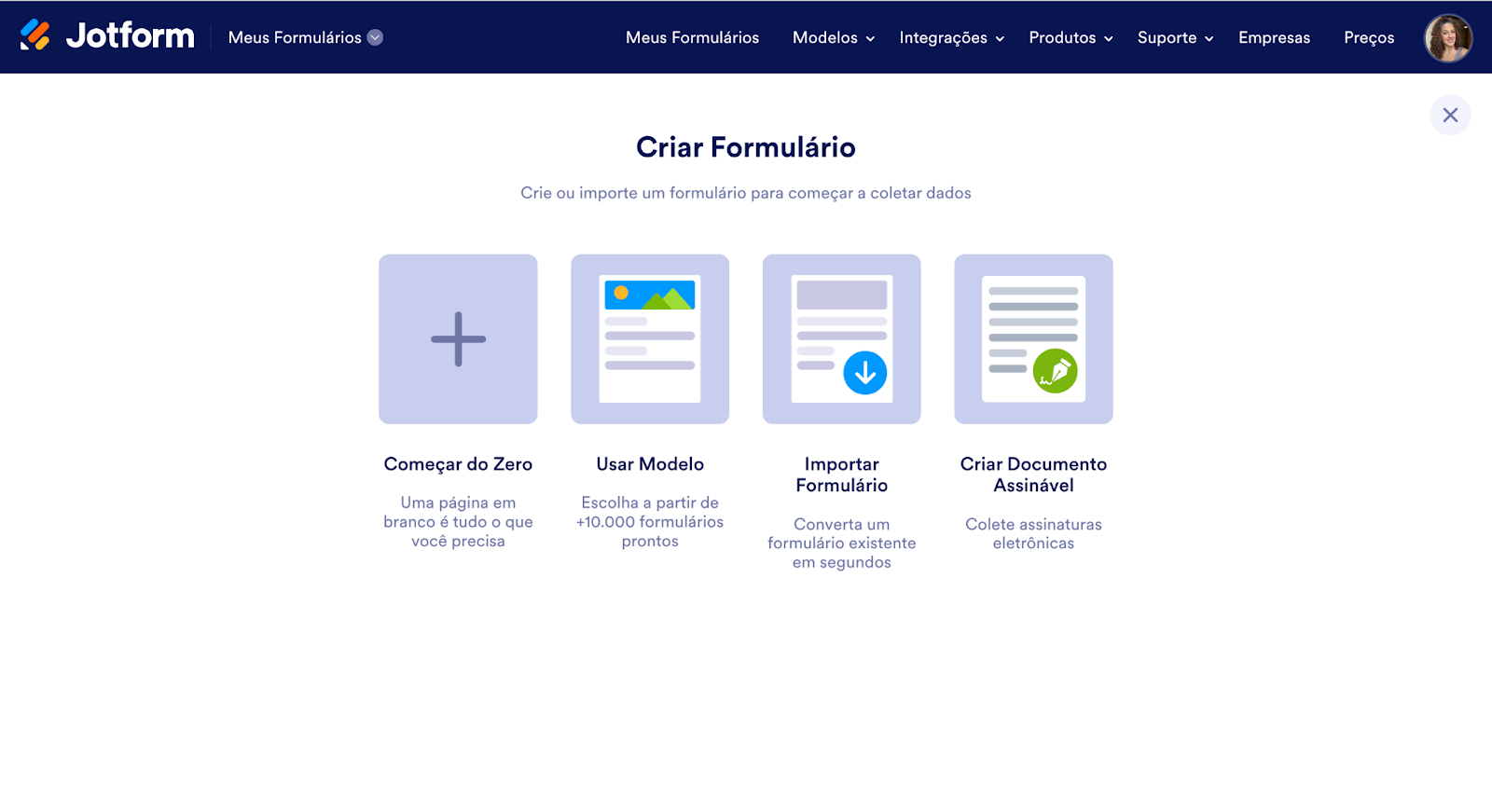 Captura de tela da página Criar Formulário