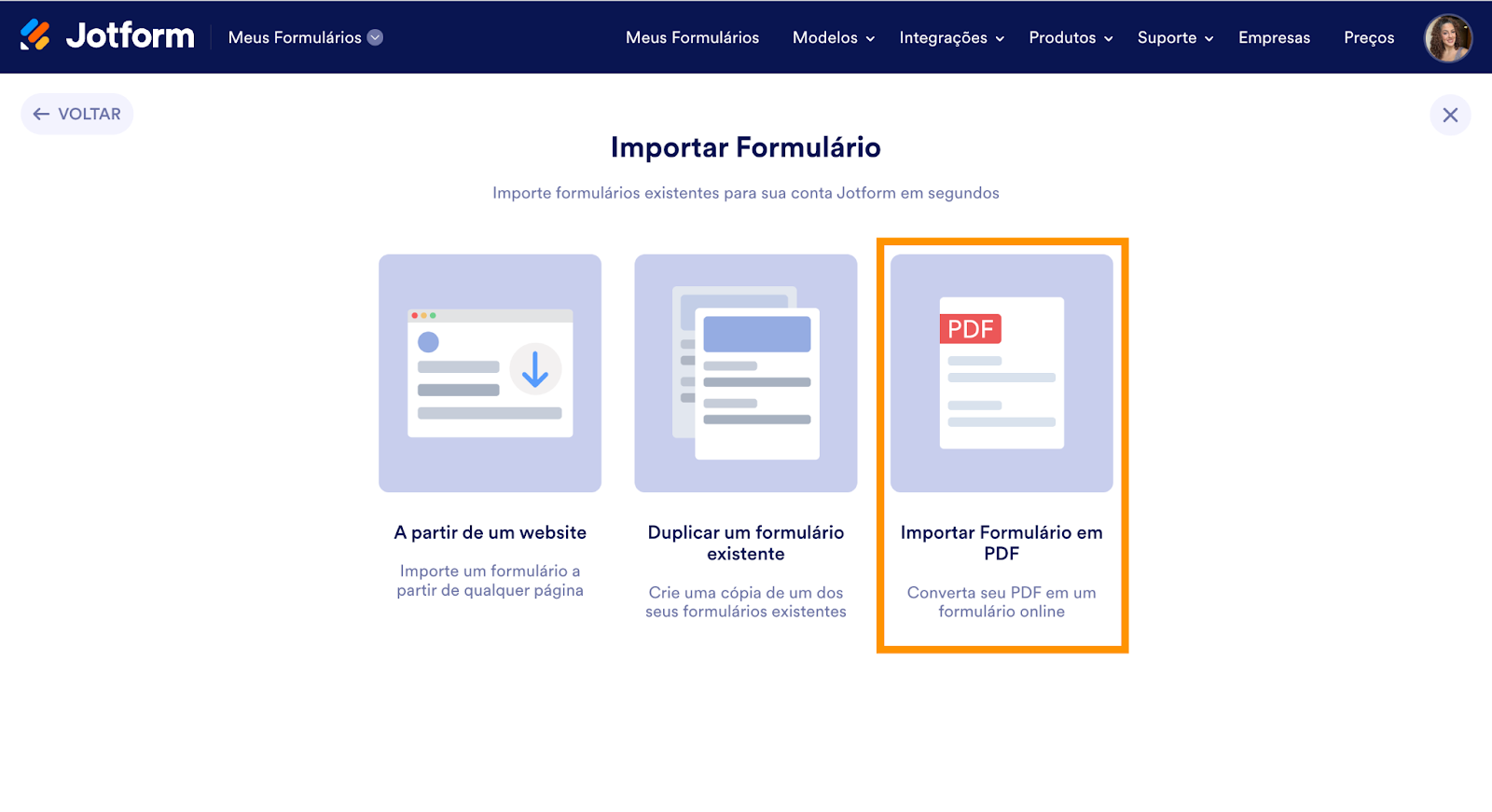 Escolhendo Importar Formulário em PDF na página Importar Formulário