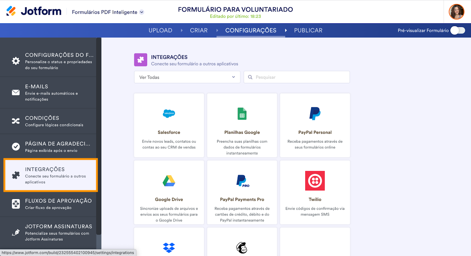Captura de tela da página de Integrações da ferramenta Formulários PDF Inteligentes