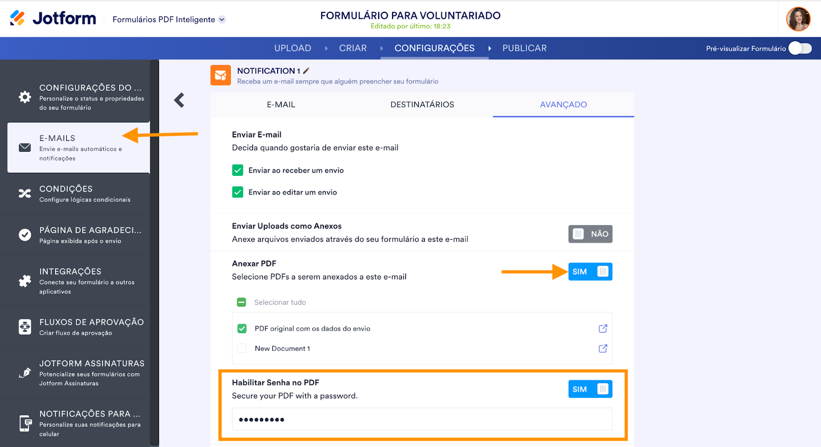 Captura de tela da página de Configurações na visualização de E-mails da ferramenta Formulários PDF Inteligentes