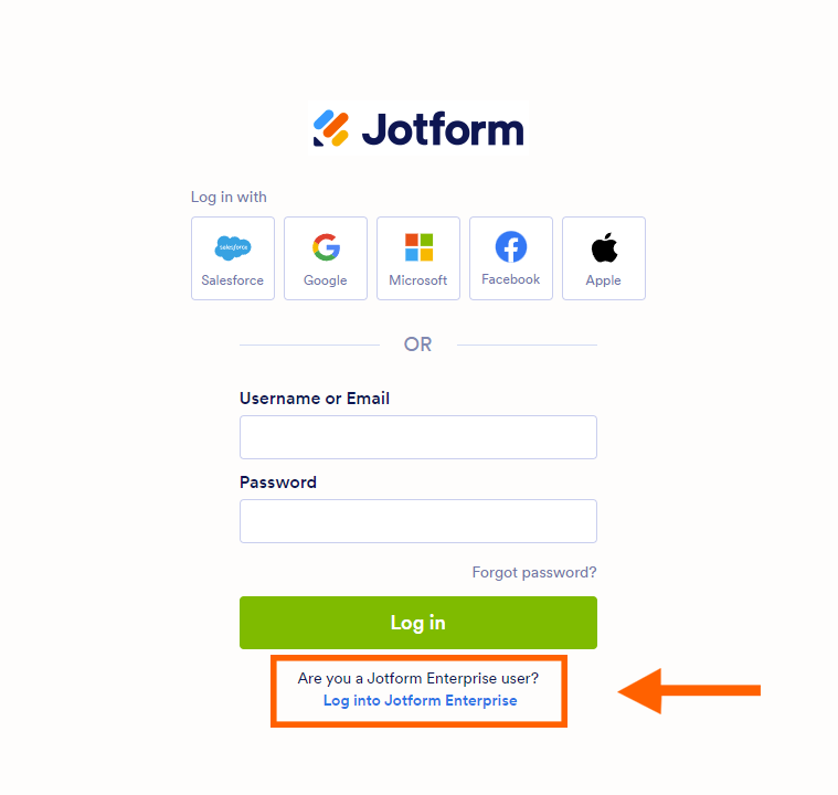 Screenshot highlighting Jotform login prompt with a specific 'Log into Jotform Enterprise' hyperlink below the main 'Log in' button