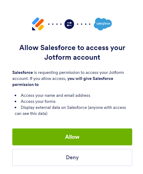 Image displaying transition to Jotform Enterprise login page, emphasizing use of Enterprise subdomain for access, followed by a prompt to grant Salesforce access