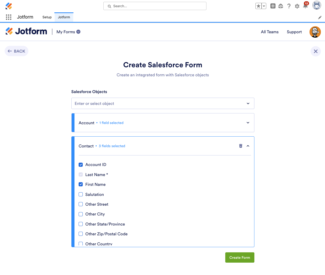Image showing prompt to choose Salesforce objects for form linking, with options to select multiple objects and specific fields from a dropdown menu