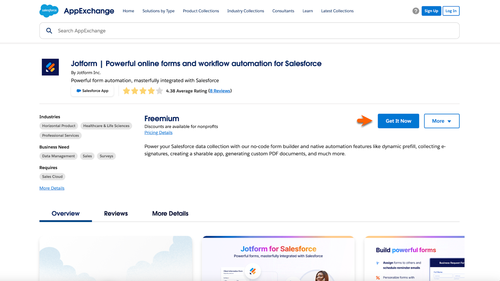 Jotform for Salesforce page in the Salesforce AppExchange Clicking on Get It Now