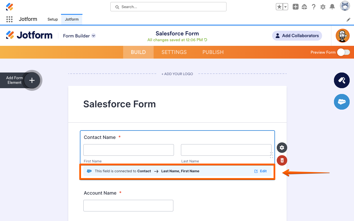 Screenshot displaying 'Create Form' button post object and field selection, highlighting ability to view form fields' linked Salesforce objects
