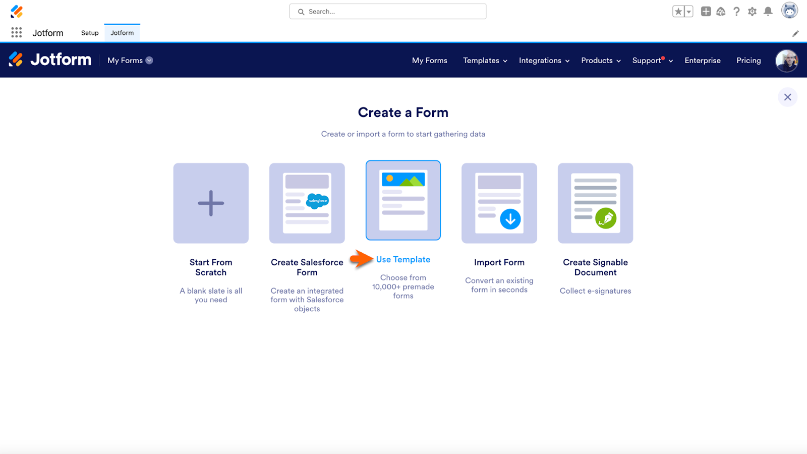 Jotform for Salesforce Workspace Create a Form Page Clicking on Use Template