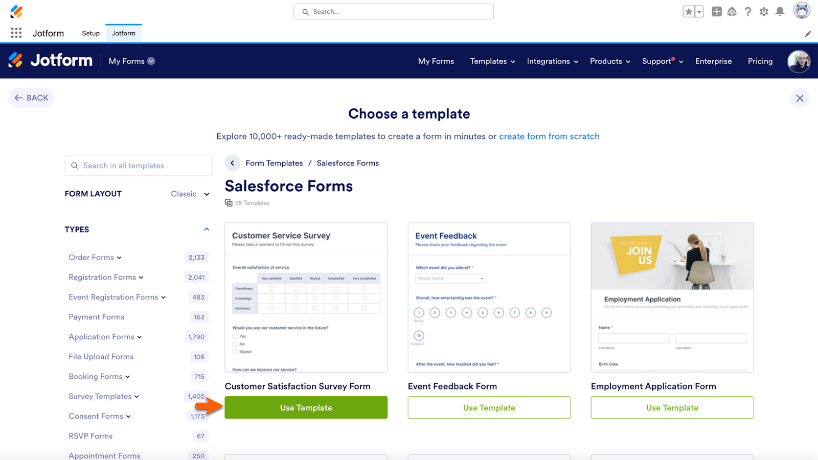 Jotform for Salesforce Workspace Choose a Template Page Clicking on Use Template to Use Customer Service Survey