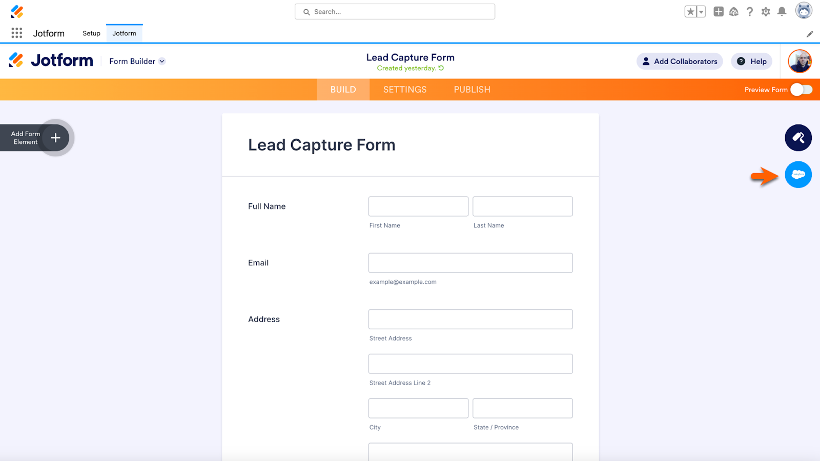 Lead Capture Form in the Jotform Form Builder within Salesforce Clicking on the Salesforce Icon