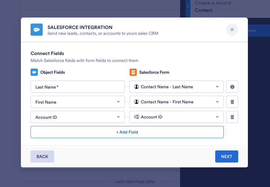 Image showcasing gear icon for editing actions, emphasizing customization of links between form fields and Salesforce fields