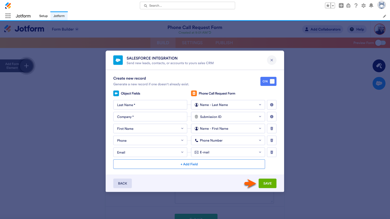 Switching the Create New Record Button to On and Clicking on Save