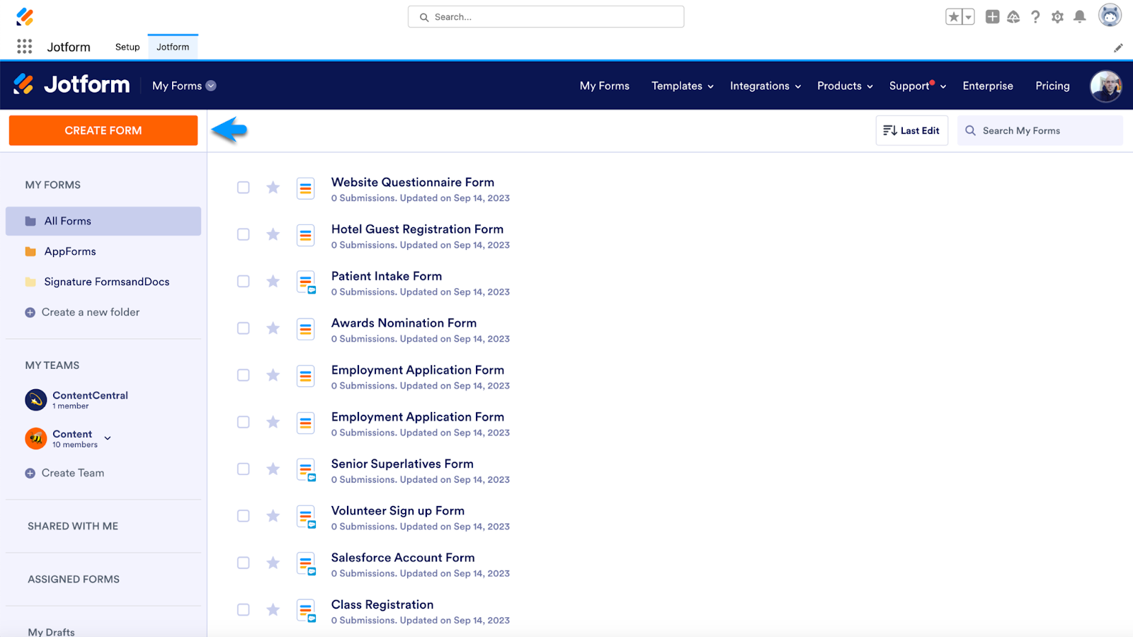 Jotform Workspace in Salesforce Clicking on Create a Form