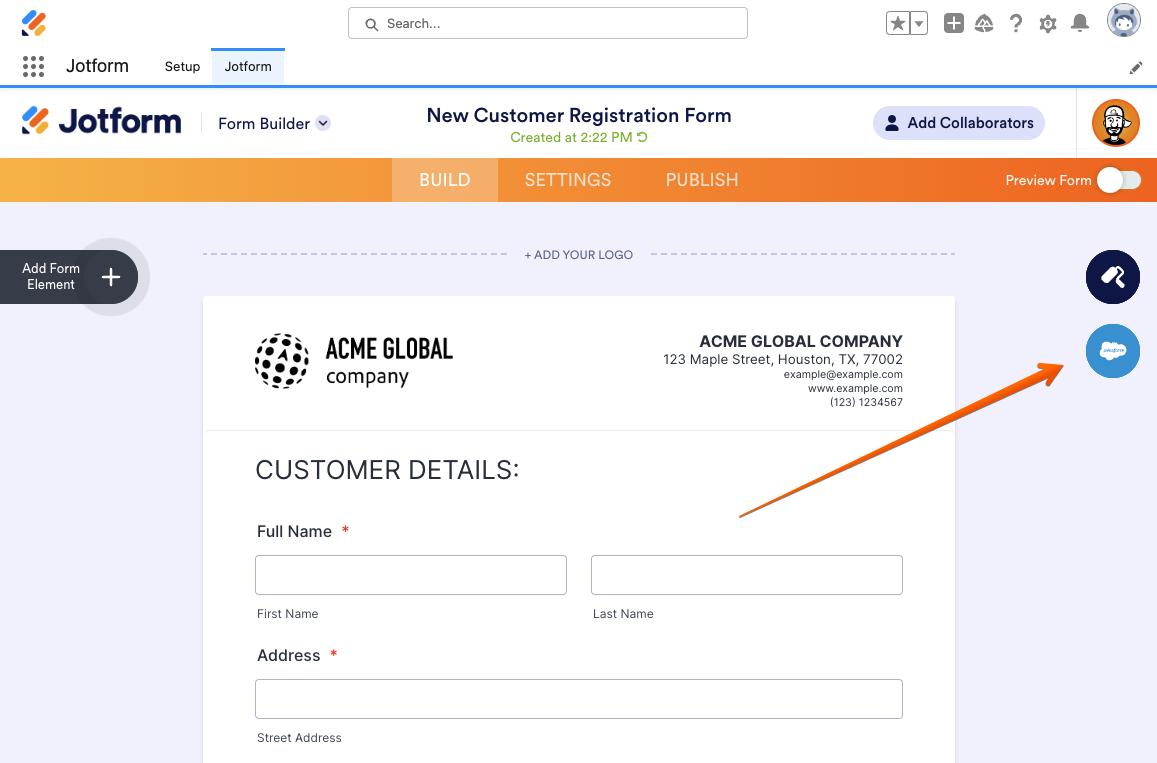 Screenshot highlighting the process of integrating an existing form: navigating to desired form in Salesforce's Jotform app, then clicking the blue Salesforce button in form builder
