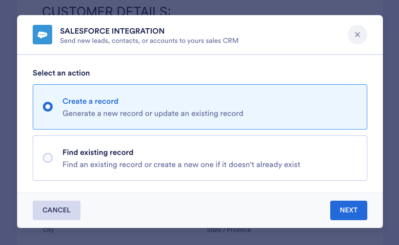 Image showing an action prompt with options to 'Create a record' or 'Find existing record'