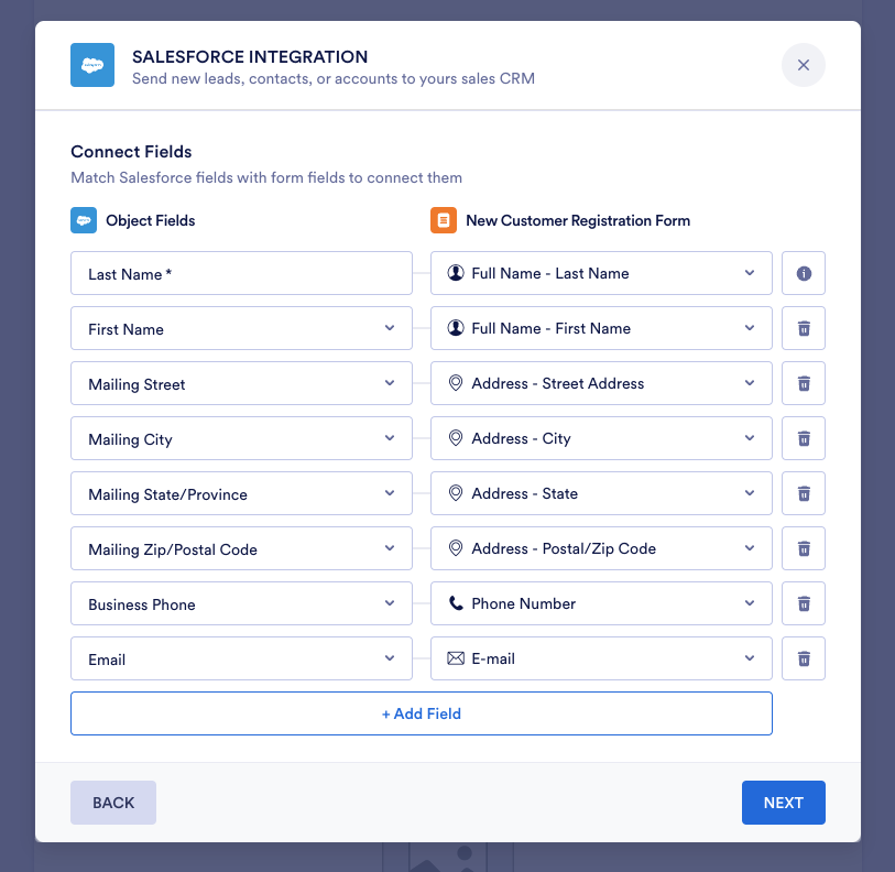 Screenshot of Jotform auto-mapping form fields to Salesforce fields; highlights manual assignment for unrecognized fields and the 'Next' button