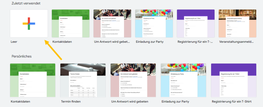 Bild der Google Formulare Benutzeroberfläche, Hervorhebung des Buttons “Leer”