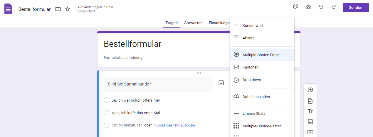 Bild des Google Formulars mit einer Reihe von Fragetypen, die angezeigt werden