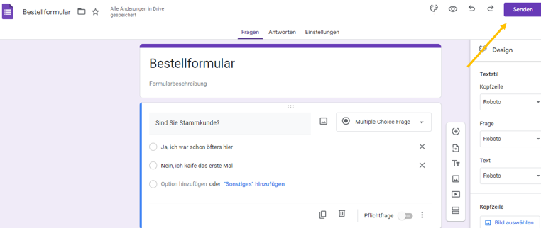 Bild, das ein ausgefülltes Google Formular zeigt, mit einem Text, der die Benutzer dazu auffordert, das Formular zu testen, indem sie es an Kollegen in ihrem Unternehmen senden, insbesondere an diejenigen, die an der Genehmigung von Bestellungen beteiligt sind