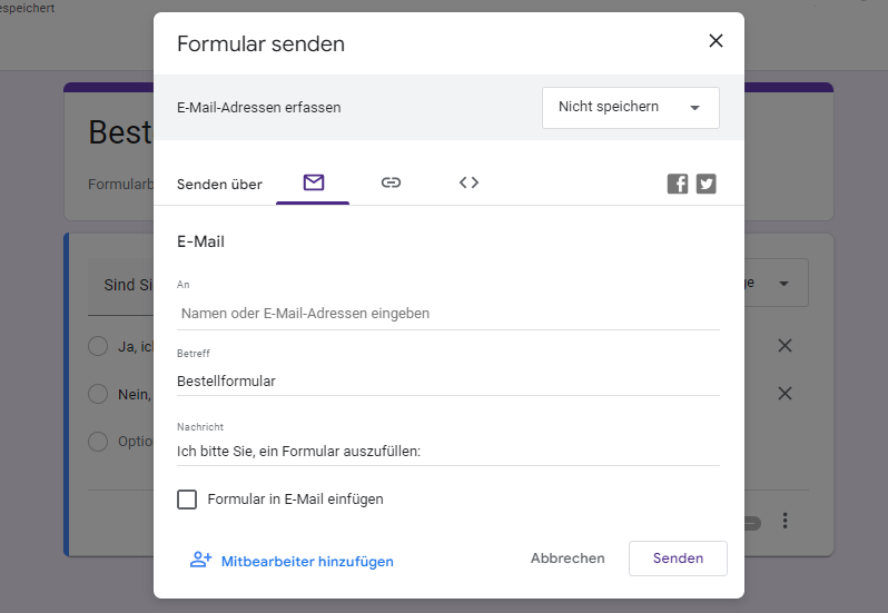 Screenshot des Buttons “Senden” in der Google Formulare Benutzeroberfläche