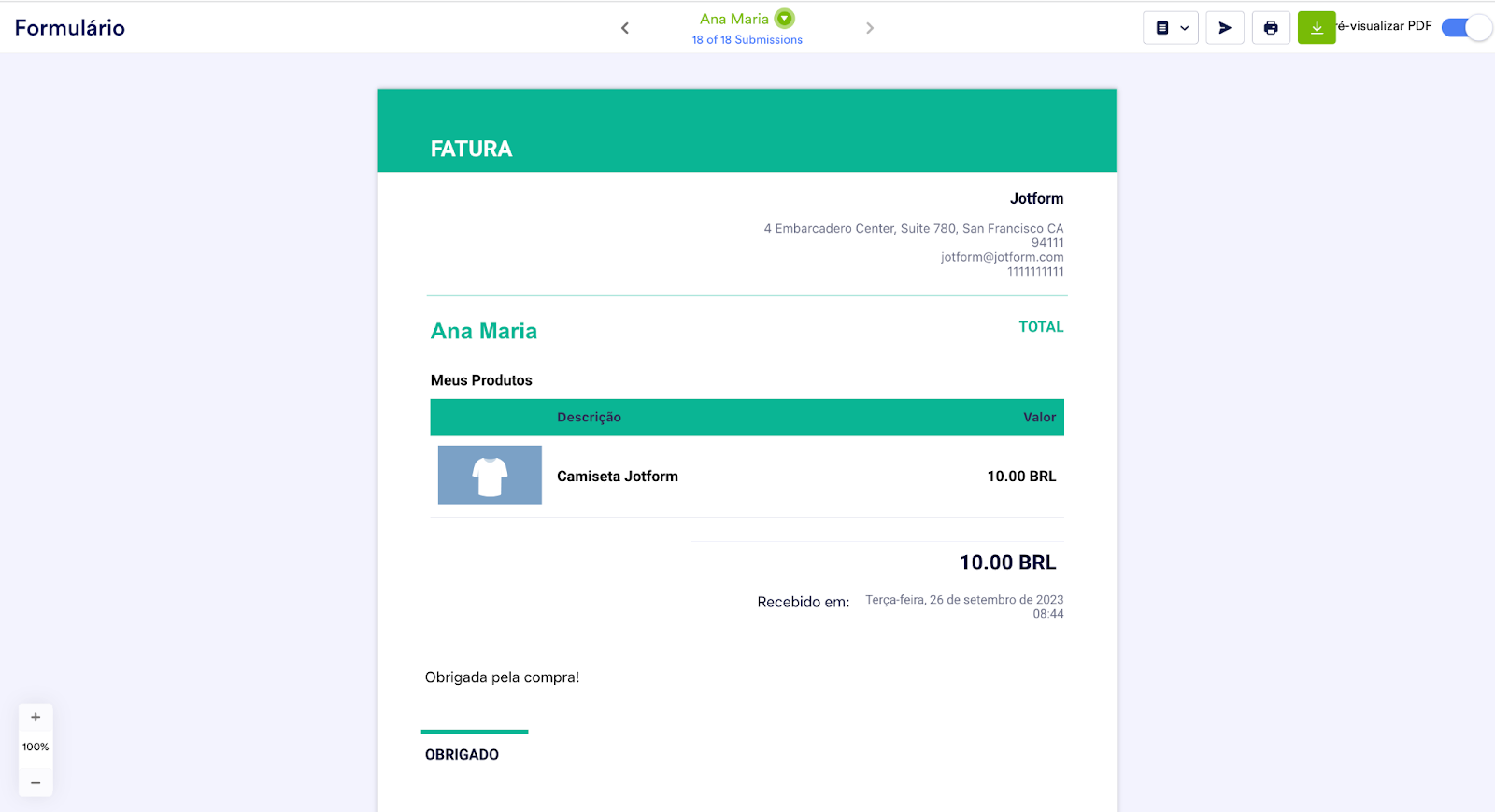 Exemplo de fatura no Editor de PDFs Jotform