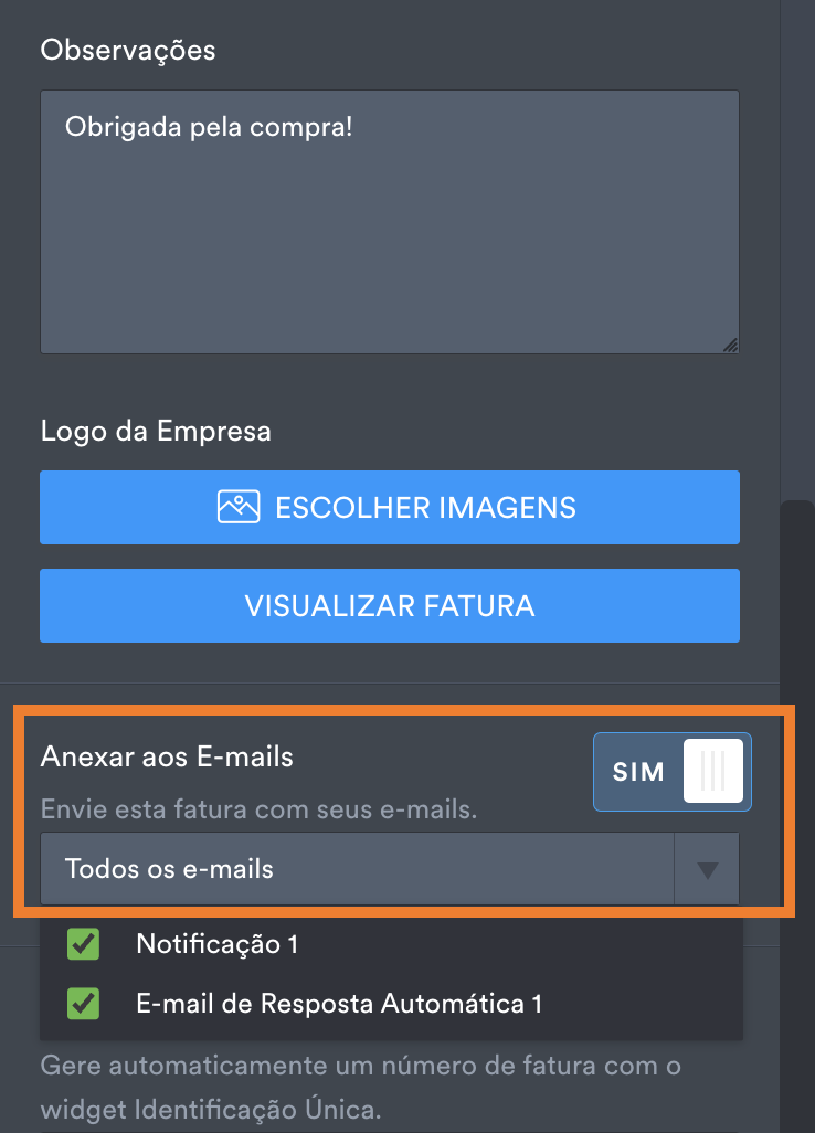 Opção Anexar aos E-mails nas configurações da ferramenta de geração de faturas