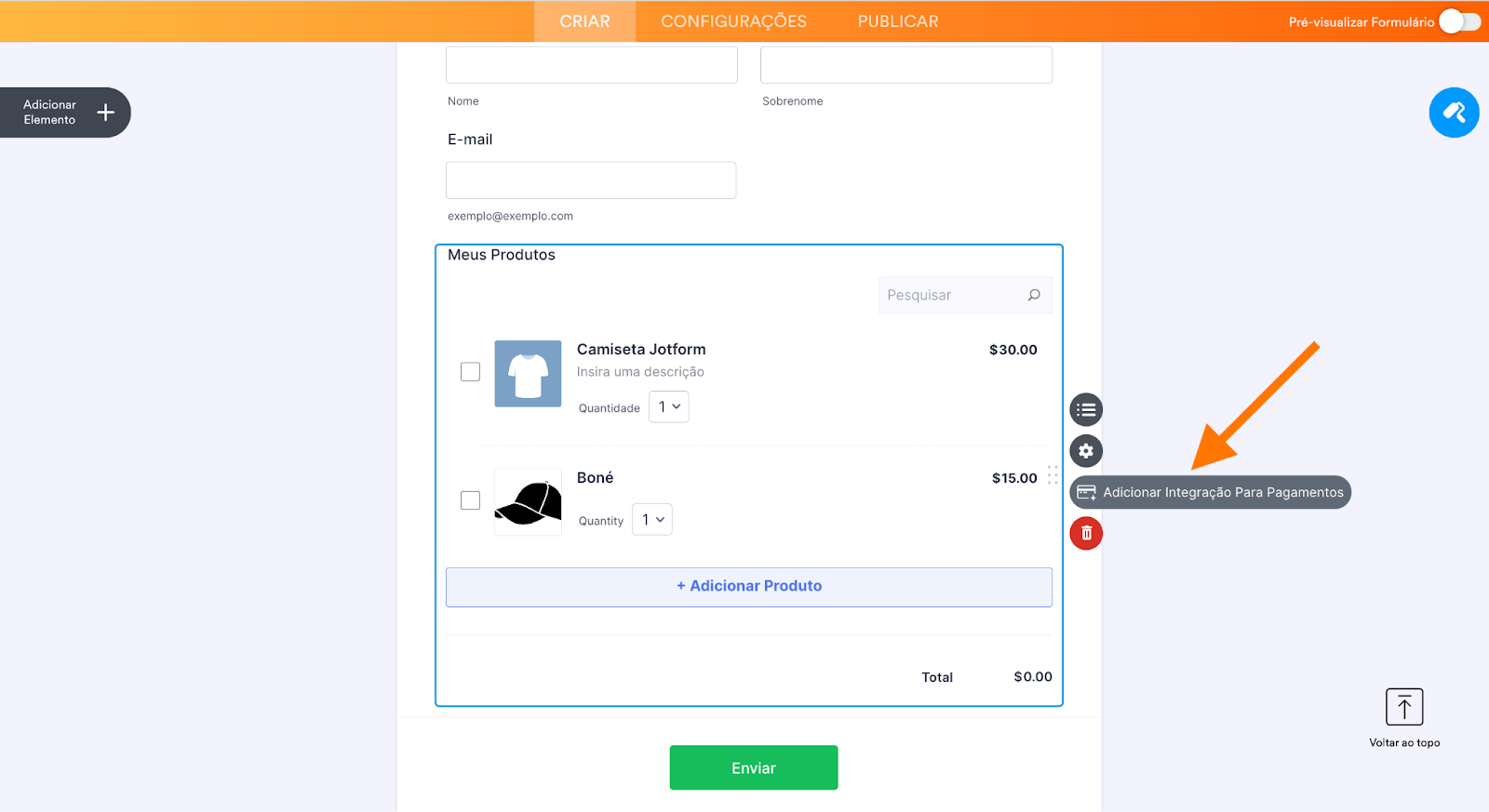 Lista de Produtos no Criador de Formulários Jotform clicando em Adicionar Integração para Pagamentos
