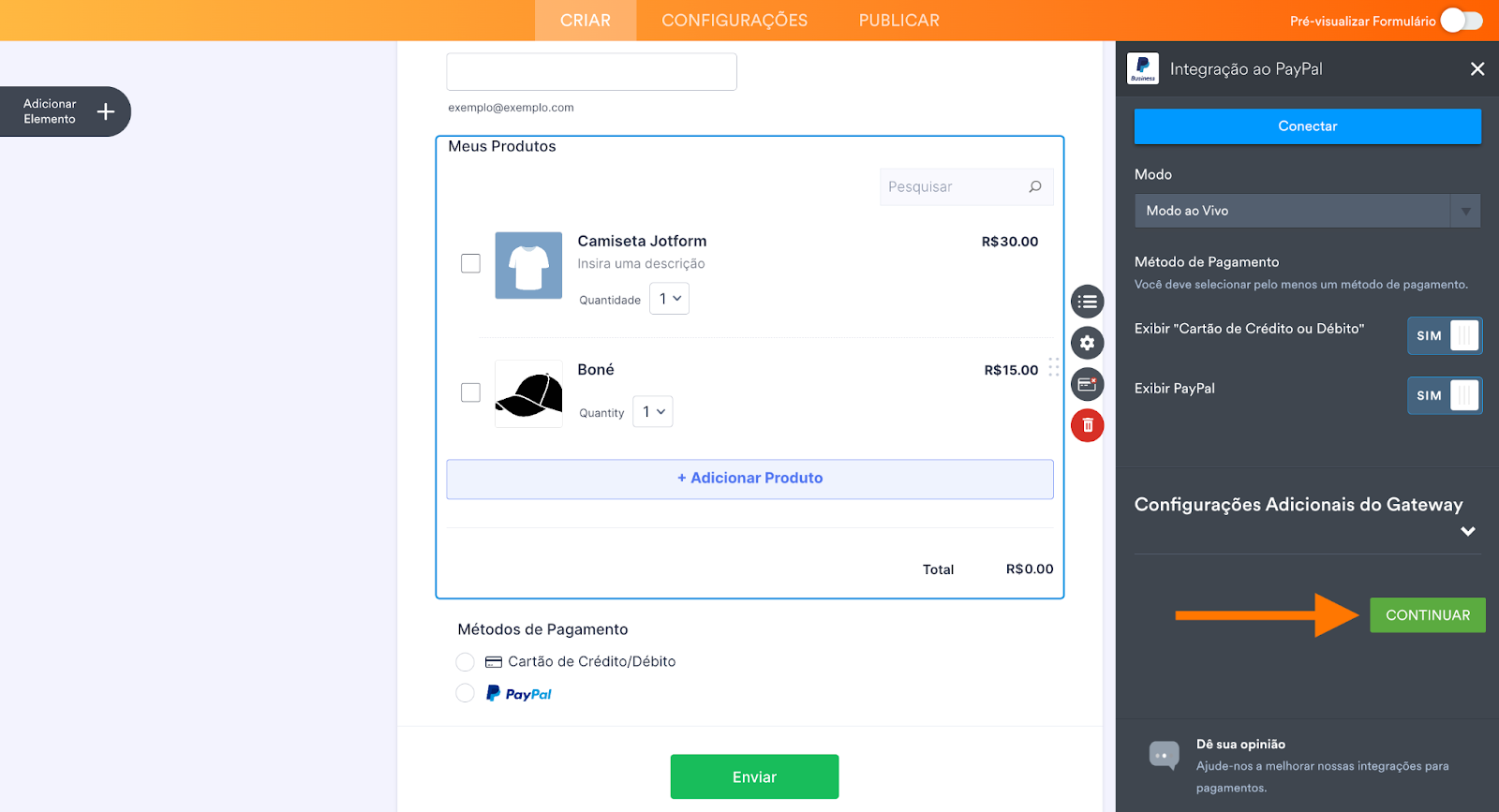 Configurações da Integração ao Paypal no Criador de Formulários Jotform clicando em Continuar