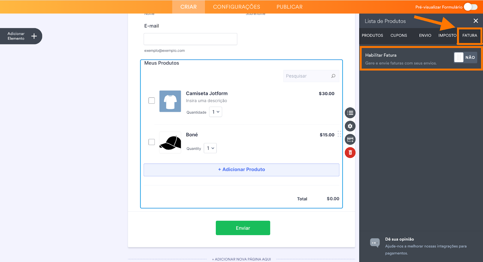 Configurações de Pagamento no Criador de Formulários Jotform clicando na aba Fatura