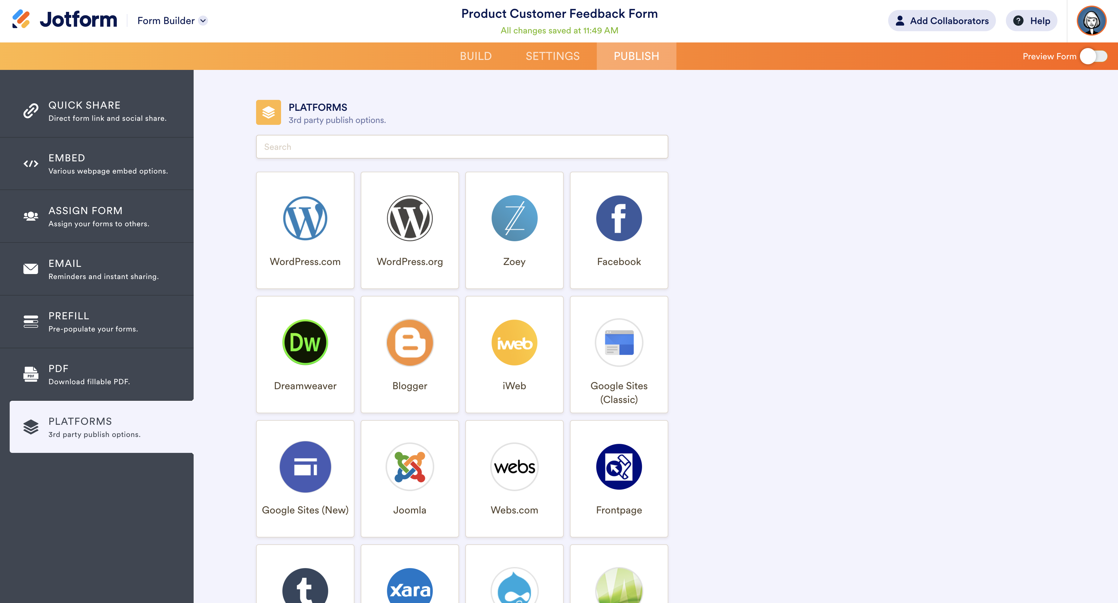 Platforms Tab in the Jotform Form Builder