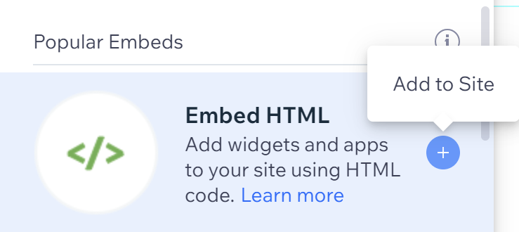 Screenshot of the “Embed HTML” page element on Wix, with the "Add to Site" button highlighted