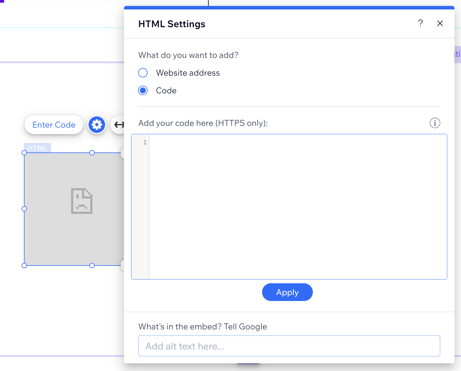 Screenshot of the “HTML Settings” menu of an Embed Code block on a Wix website