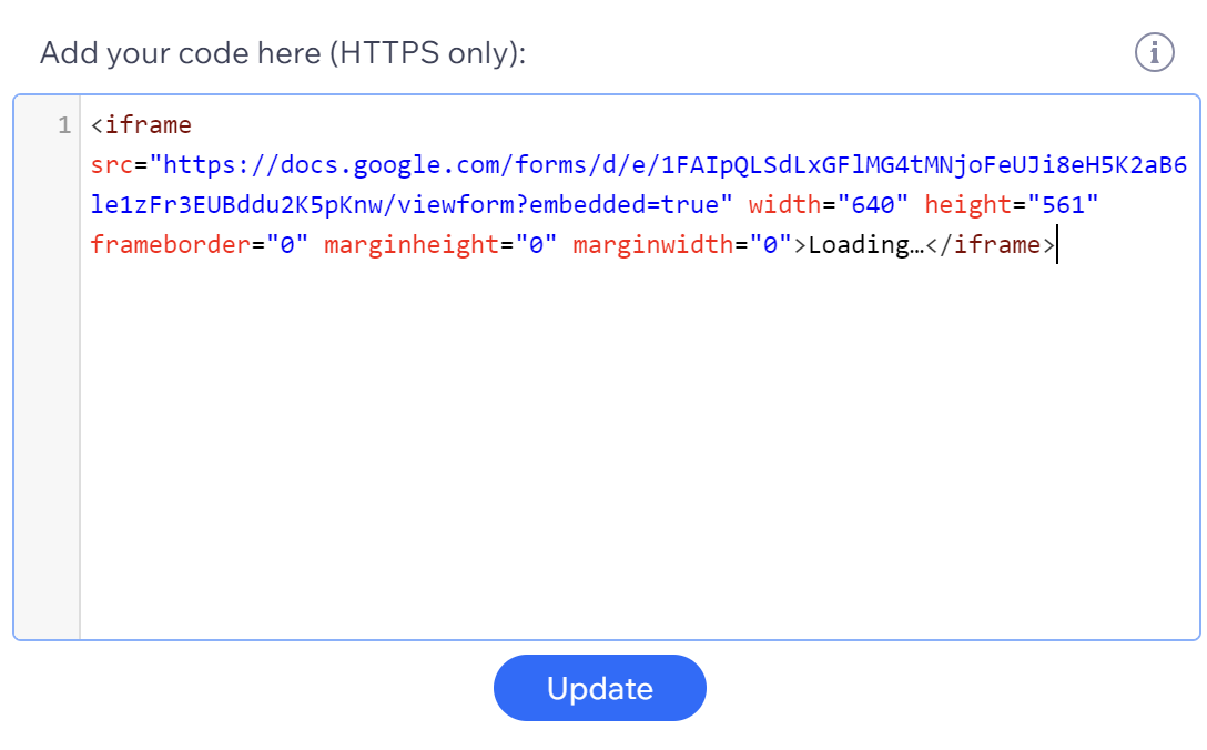 Screenshot of embedded code in an Embed Code block on a Wix website
