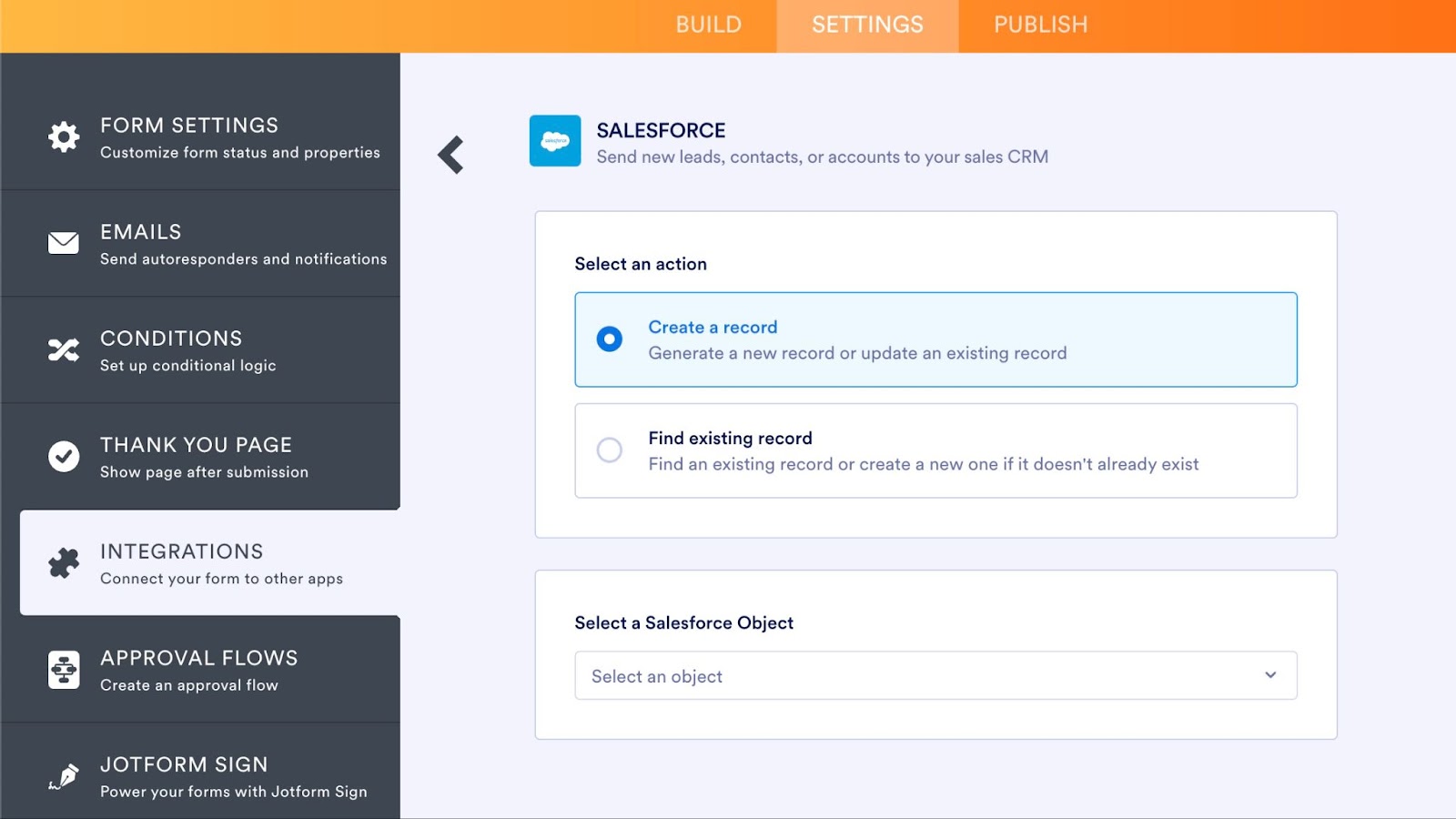Screenshot depicting 'Find existing record' action, illustrating linking a Contact to an Account in Salesforce and the ability to set criteria for record search
