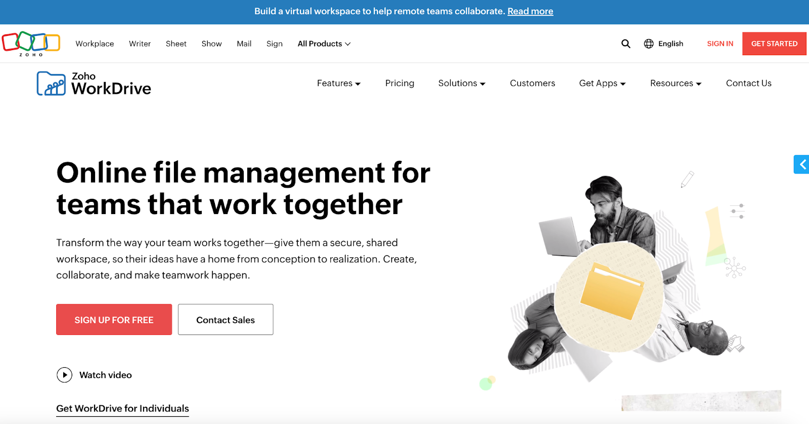 landing page of zoho work drive